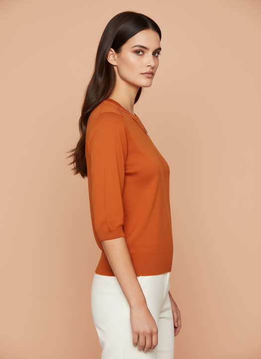 Burnt Orange Beaded Neck Knit Top