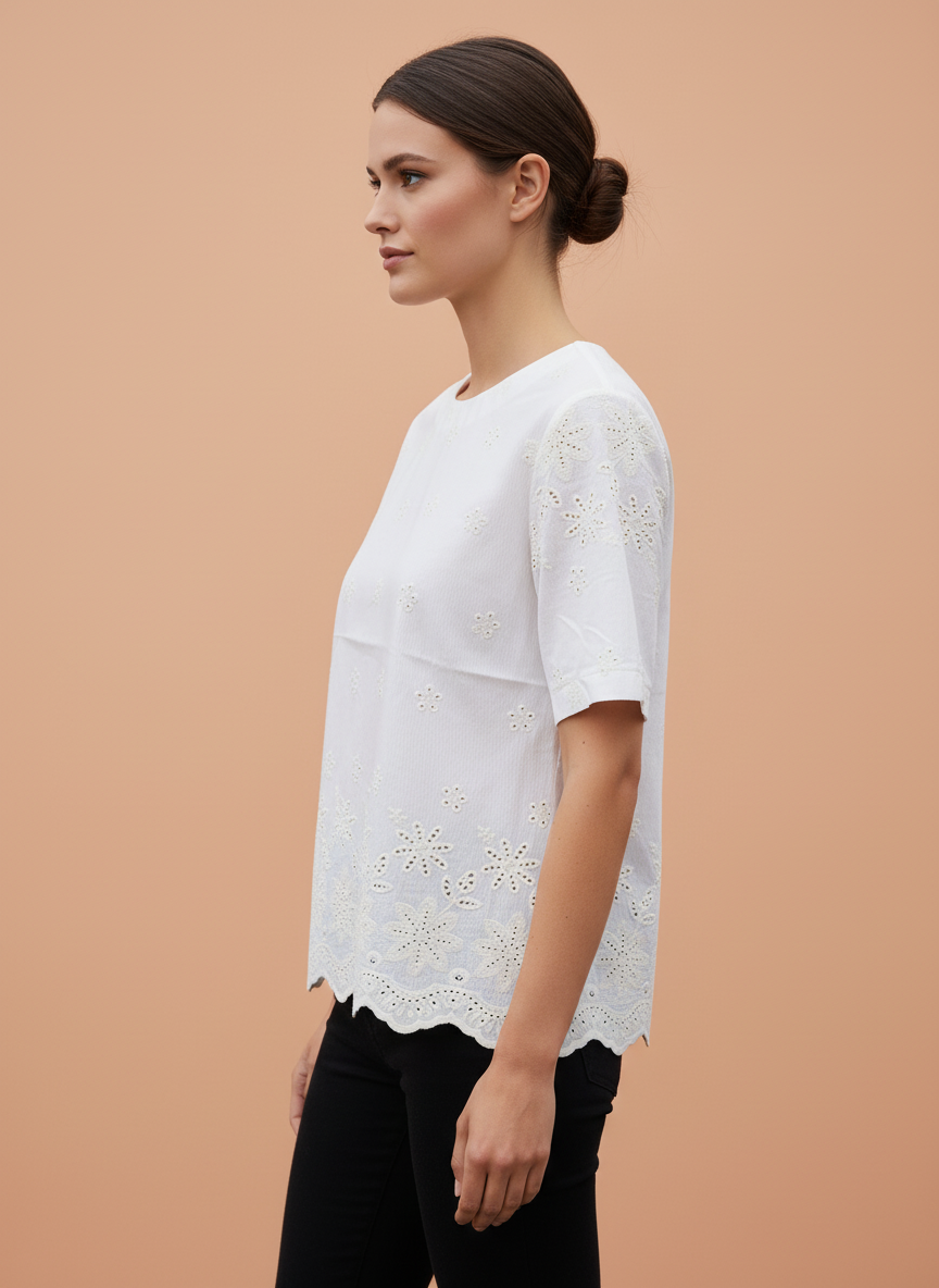 White Eyelet Embroidery Scalloped Hem Short Sleeve Top