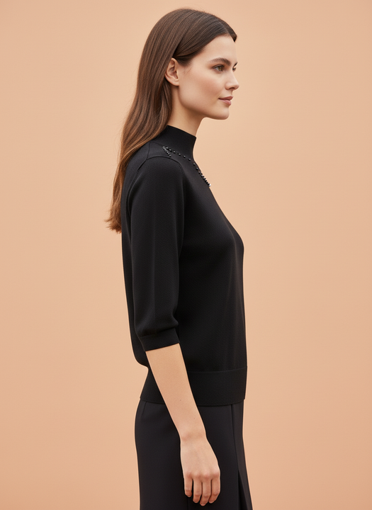 Black Beaded Mock Neck Knit Top