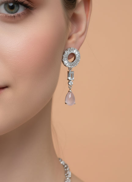 Pink Cubic Zirconia Lariat Necklace & Earrings Set for Women