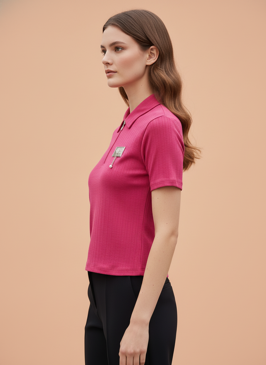 Women’s Fuchsia Pink Ribbed Knit Quarter Zip Polo T-Shirt