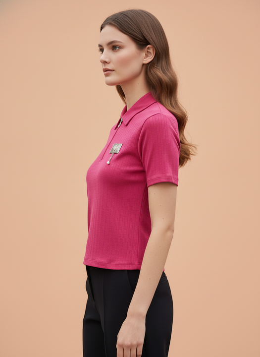 Women’s Fuchsia Pink Ribbed Knit Quarter Zip Polo T-Shirt