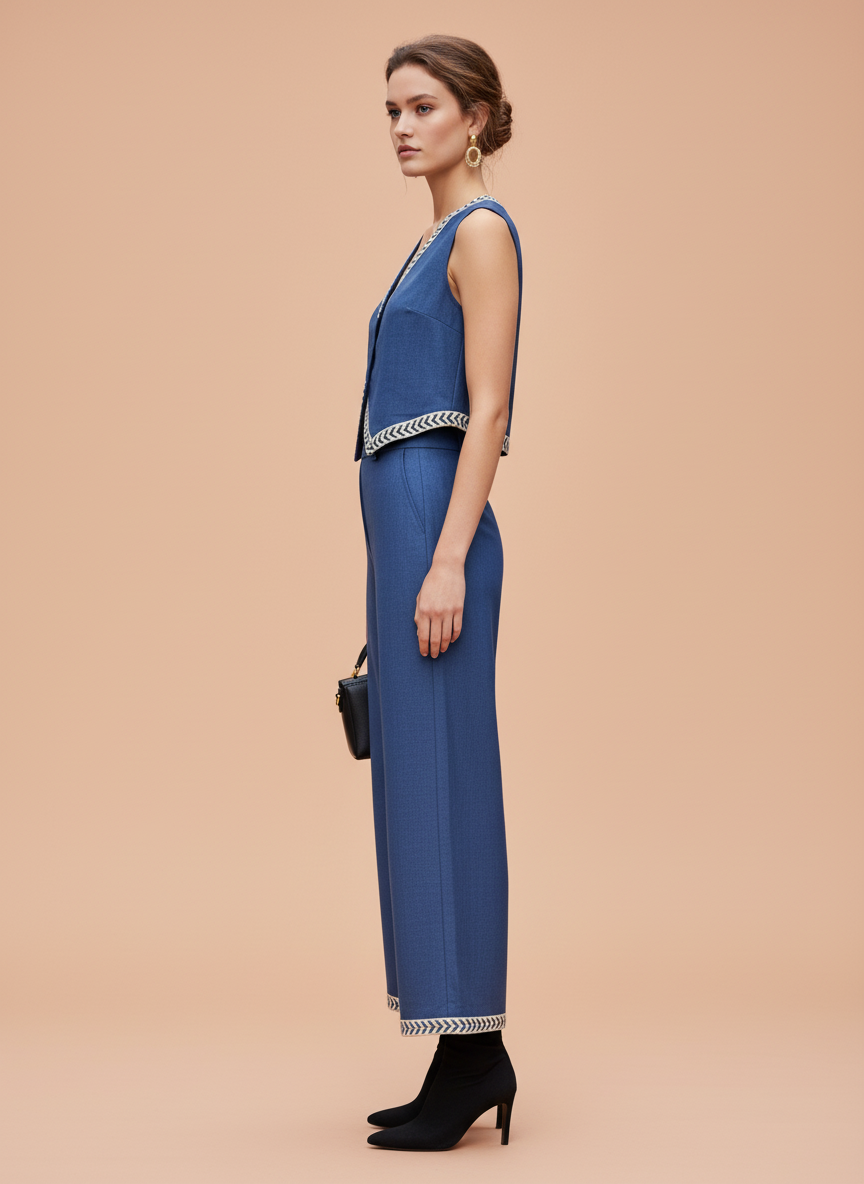 Chic Parisian Blue Co-ord Set – Sleeveless Vest & Wide-Leg Pants