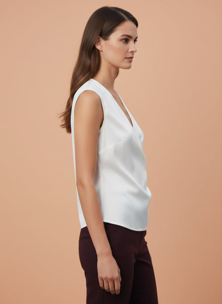 European Satin V Neck Pleated Sleeveless Top