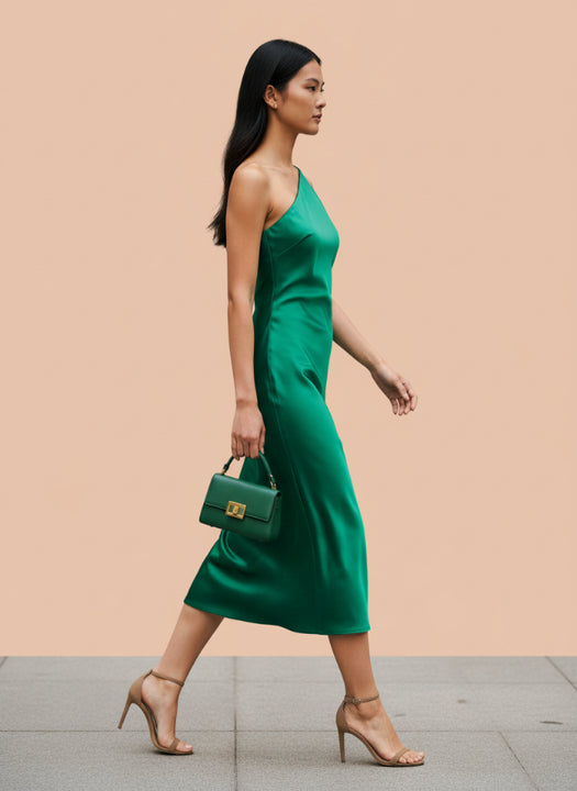 European Satin Emerald Green Midi Dress