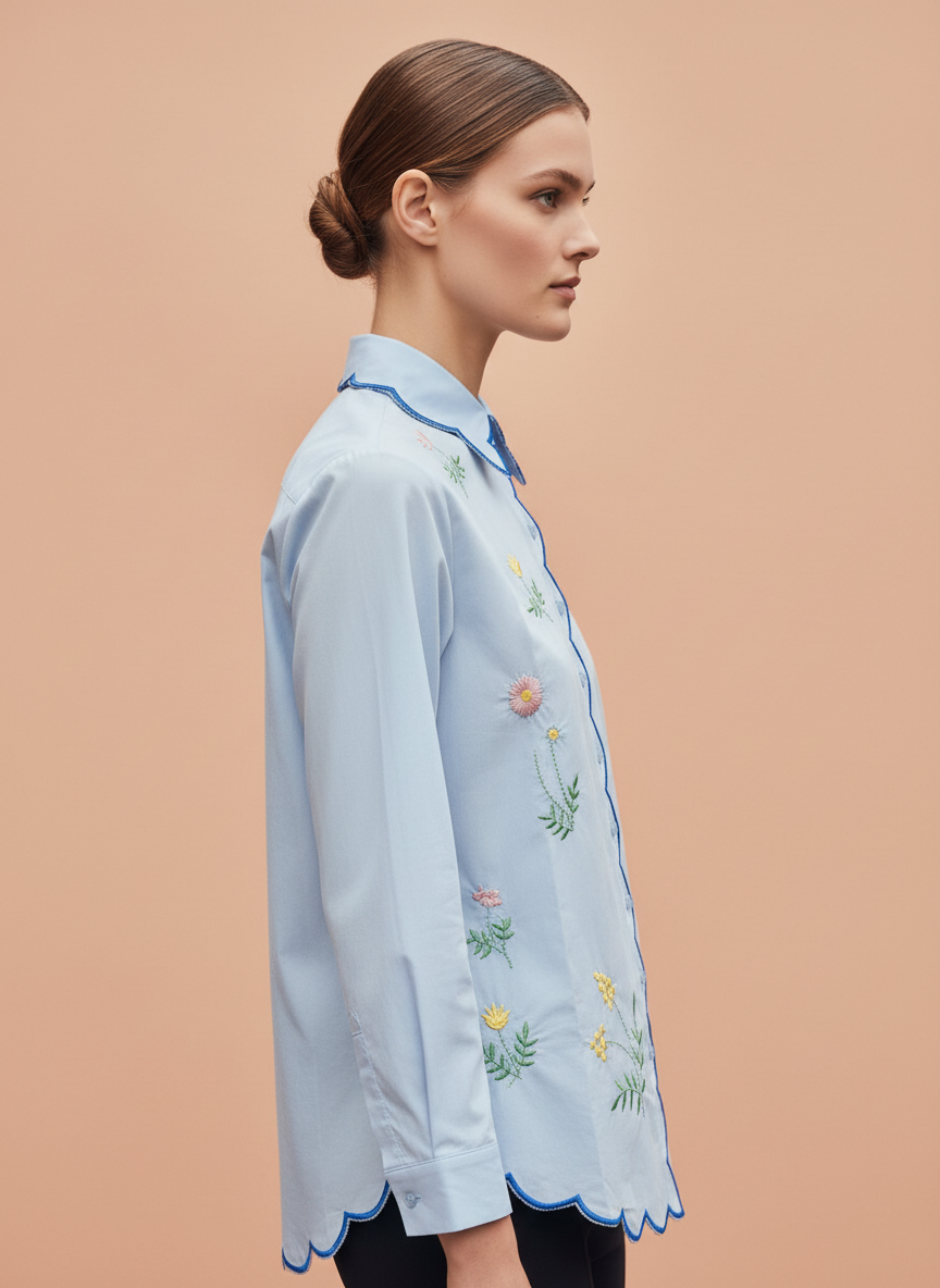 Elegant Sky Blue Floral Embroidered Scallop Edge Shirt for Women