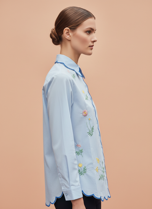 Elegant Sky Blue Floral Embroidered Scallop Edge Shirt for Women