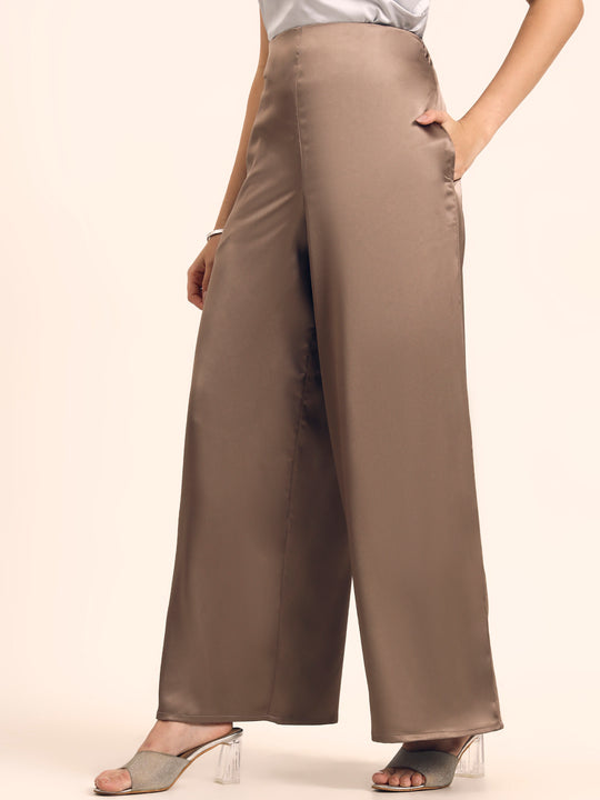 Luxury Satin Wide Leg Pants European Fabric  Mocha Pearl Glam Look