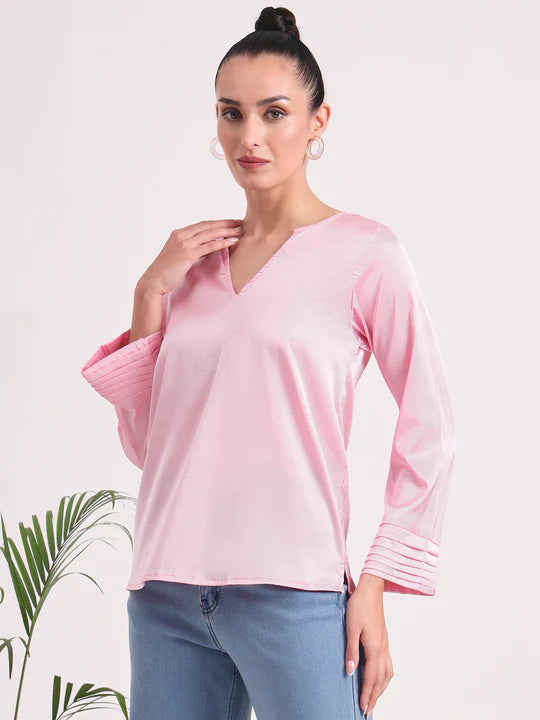 European Satin V Neck Long Sleeve Top