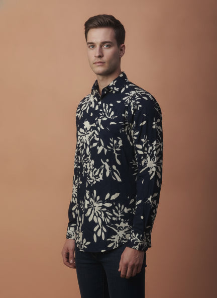 Men'S Premium Rayon Shirt With Black Floral Print