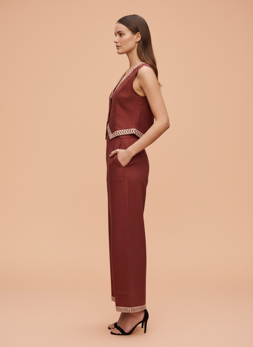 Rust Sleeveless Co-ord Set with Wide-Leg Pants