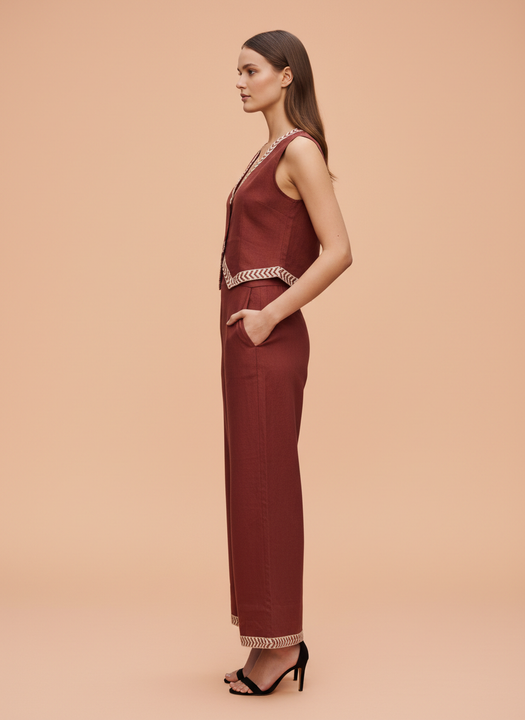 Rust Sleeveless Co-ord Set with Wide-Leg Pants