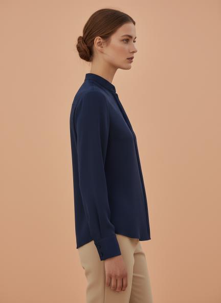 Summer Satin Navy Mandarin Collar Shirt