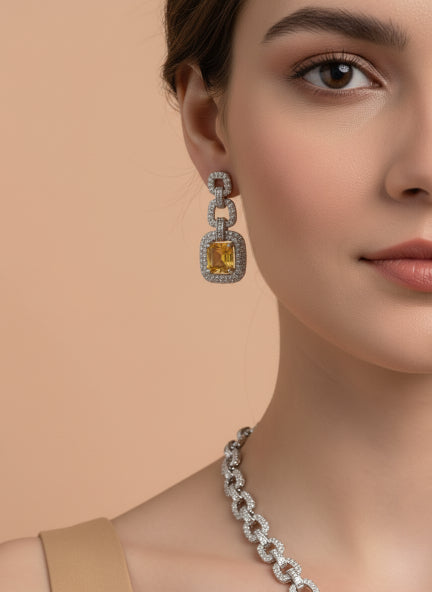 Yellow Cubic Zirconia Necklace & Earrings Set for Women