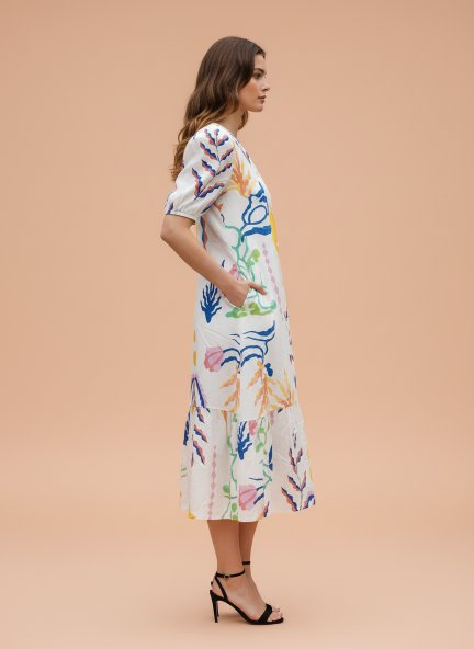 Rayon Printed Puff Sleeve A Line Front Button Maxi Dress