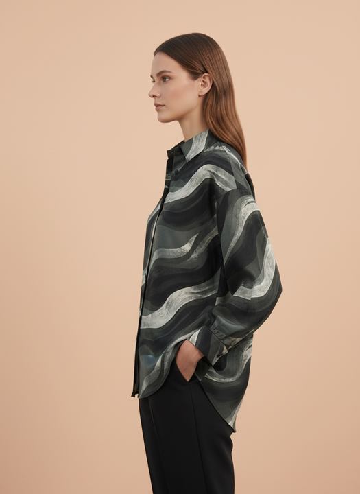 Women's Grey & Black Abstract Wavy Printed Oversized Shirt
