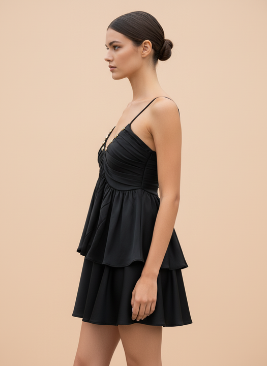 Stylish Black Layered Mini Dress with Embellished Neckline for Women