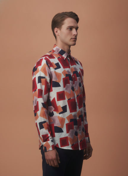 Men'S Premium Rayon Shirt With Red And Blue Print