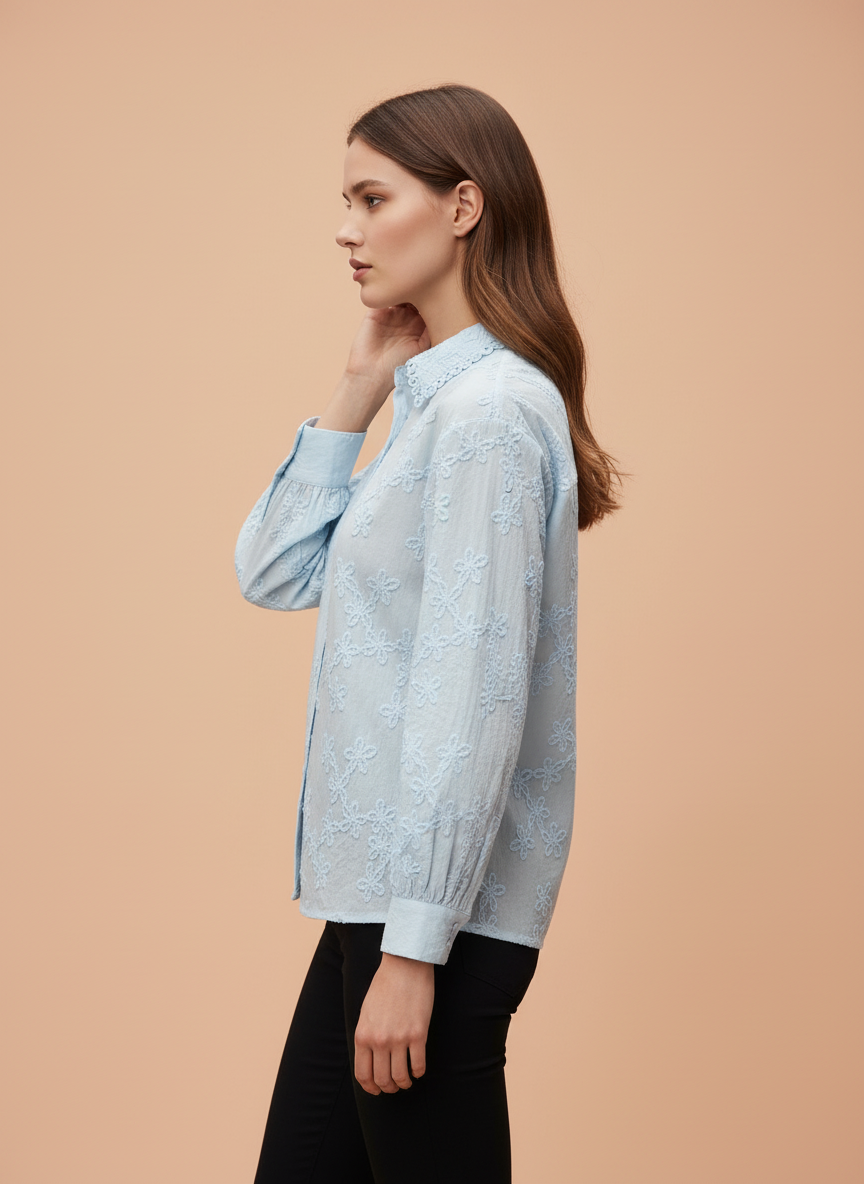 Light Blue Floral Embroidered Women Shirt