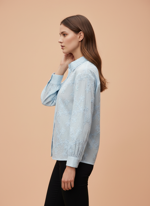 Light Blue Floral Embroidered Women Shirt