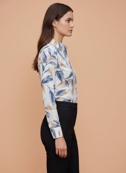 Premium Rayon Shirt With Blue And Orange Leaf Print