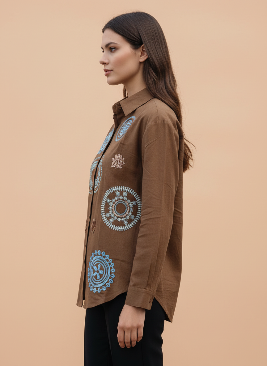 Brown Multi-Color Circular Embroidered Cotton Shirt
