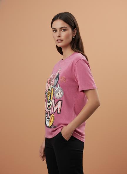 Cute Cartoon Graphic Printed Pink T-Shirt for Women