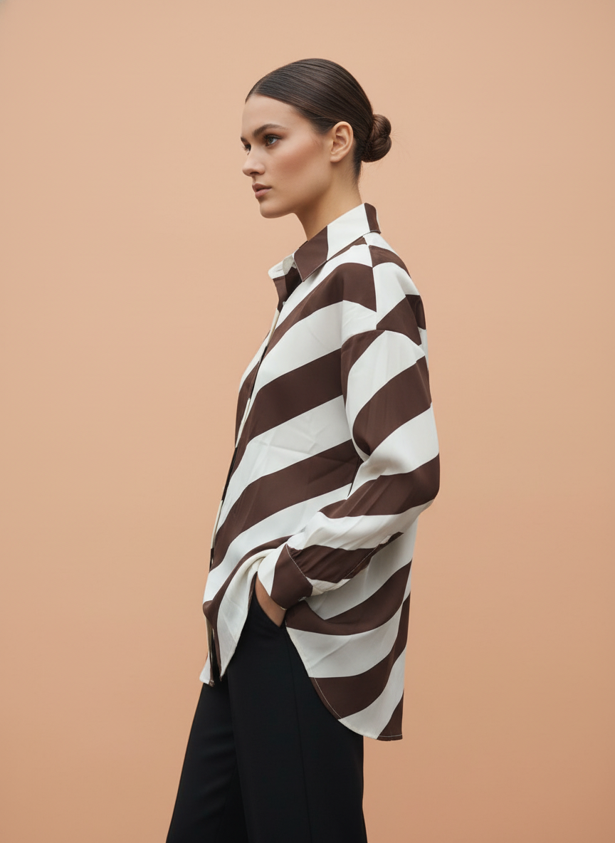 Women Brown & White Diagonal Stripe Button Down Shirt