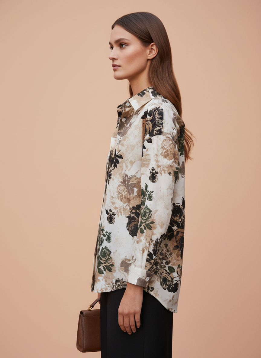 Beige Black Floral Printed Women Shirt