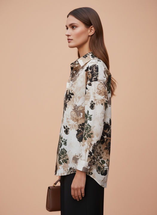 Beige Black Floral Printed Women Shirt