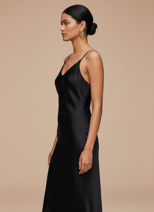 European Satin Black Midi Dress