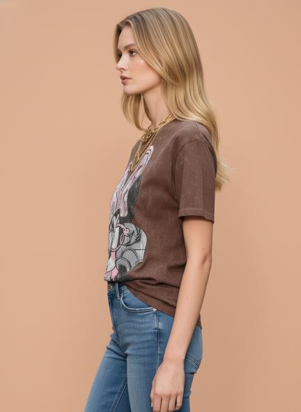 Stylish Cartoon Graphic Printed Brown Cotton T-Shirt for Women