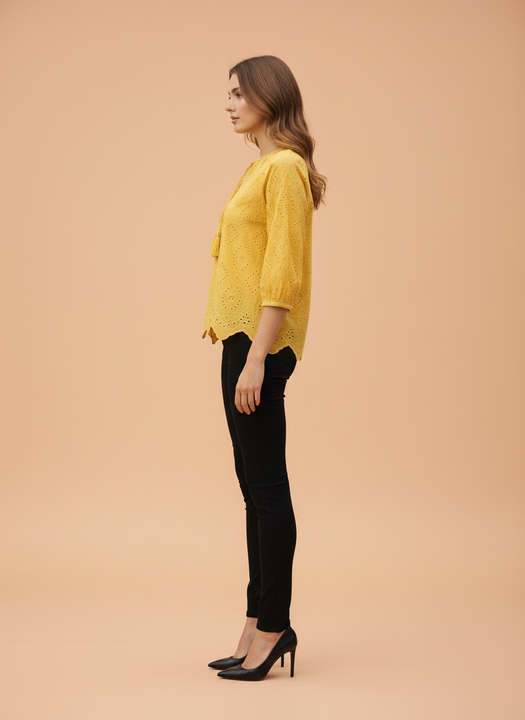 Chic Cutwork Women’s Top with Tassel Tie