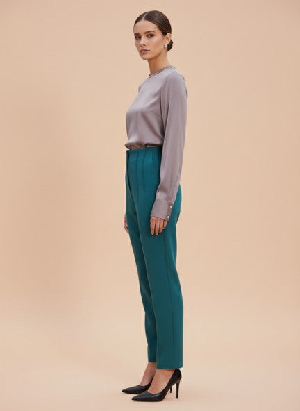 Banana Crepe Teal Skin Fit With Multi Pleated Trouser