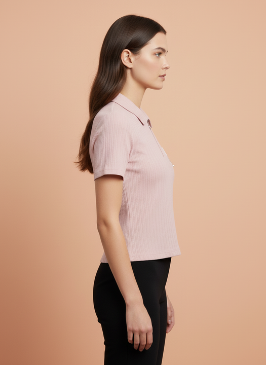 Women’s Pastel Pink Ribbed Knit Quarter Zip Polo T-Shirt