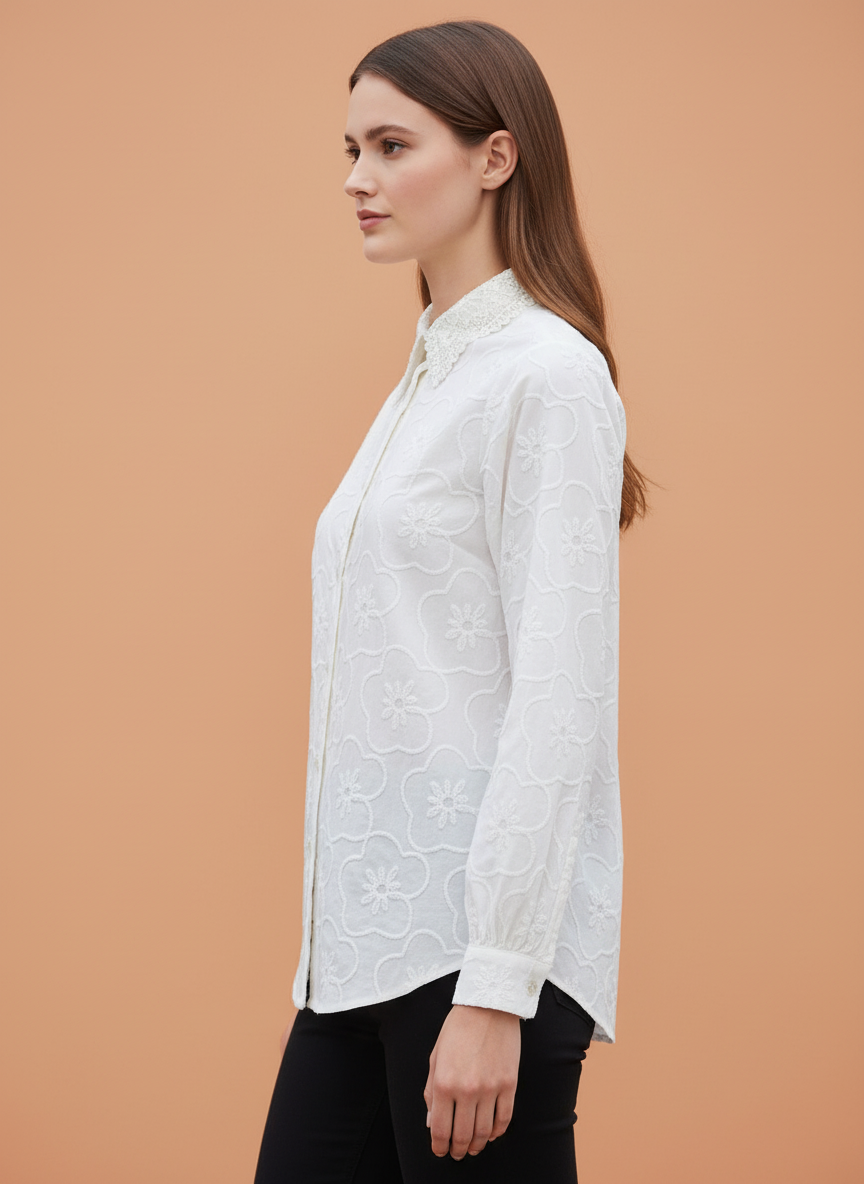 Women’s White Floral Embroidered Shirt with Lace Collar