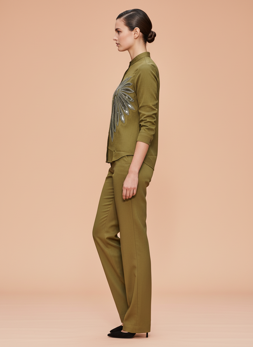 Olive Green Embroidered Co-Ord Set for Women