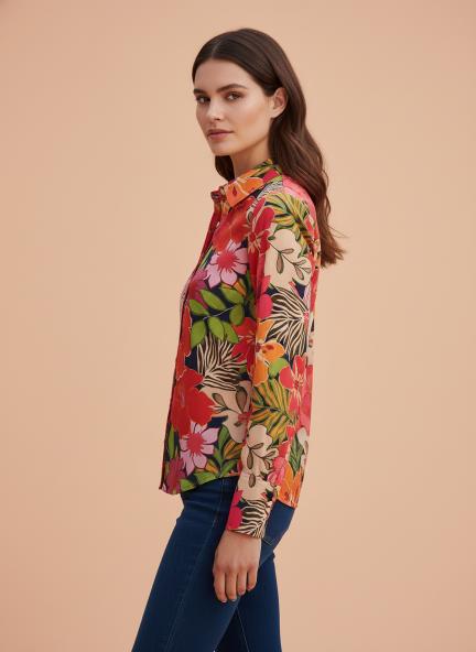 Satin Multicolour Long Length Curved Hem Digital Print Shirt