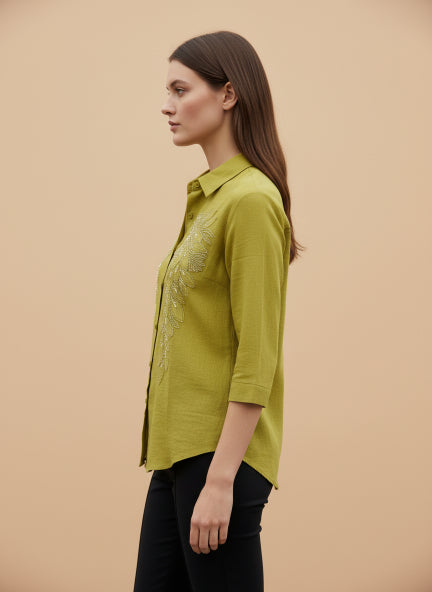 Luxury Olive Beaded Linen Shirt
