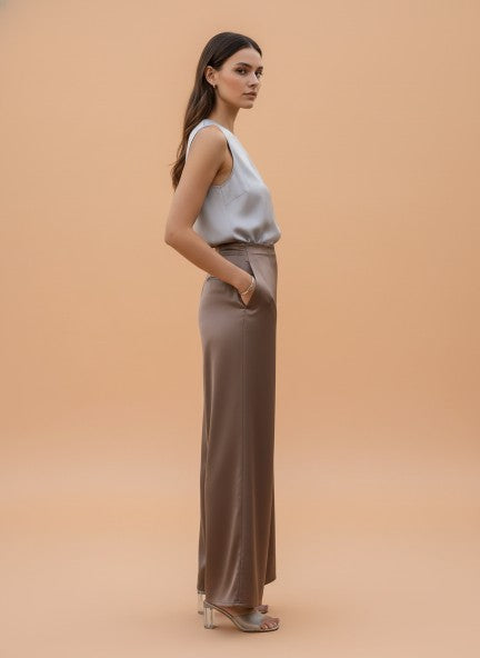 Satin Wide Leg Pants European Fabric  Mocha Pearl Glam Look