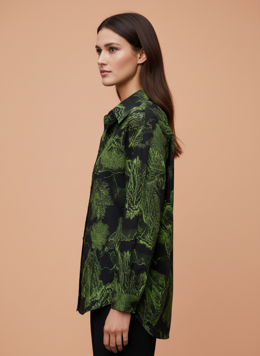 Women's Black & Green Abstract Floral Printed Oversized Shirt