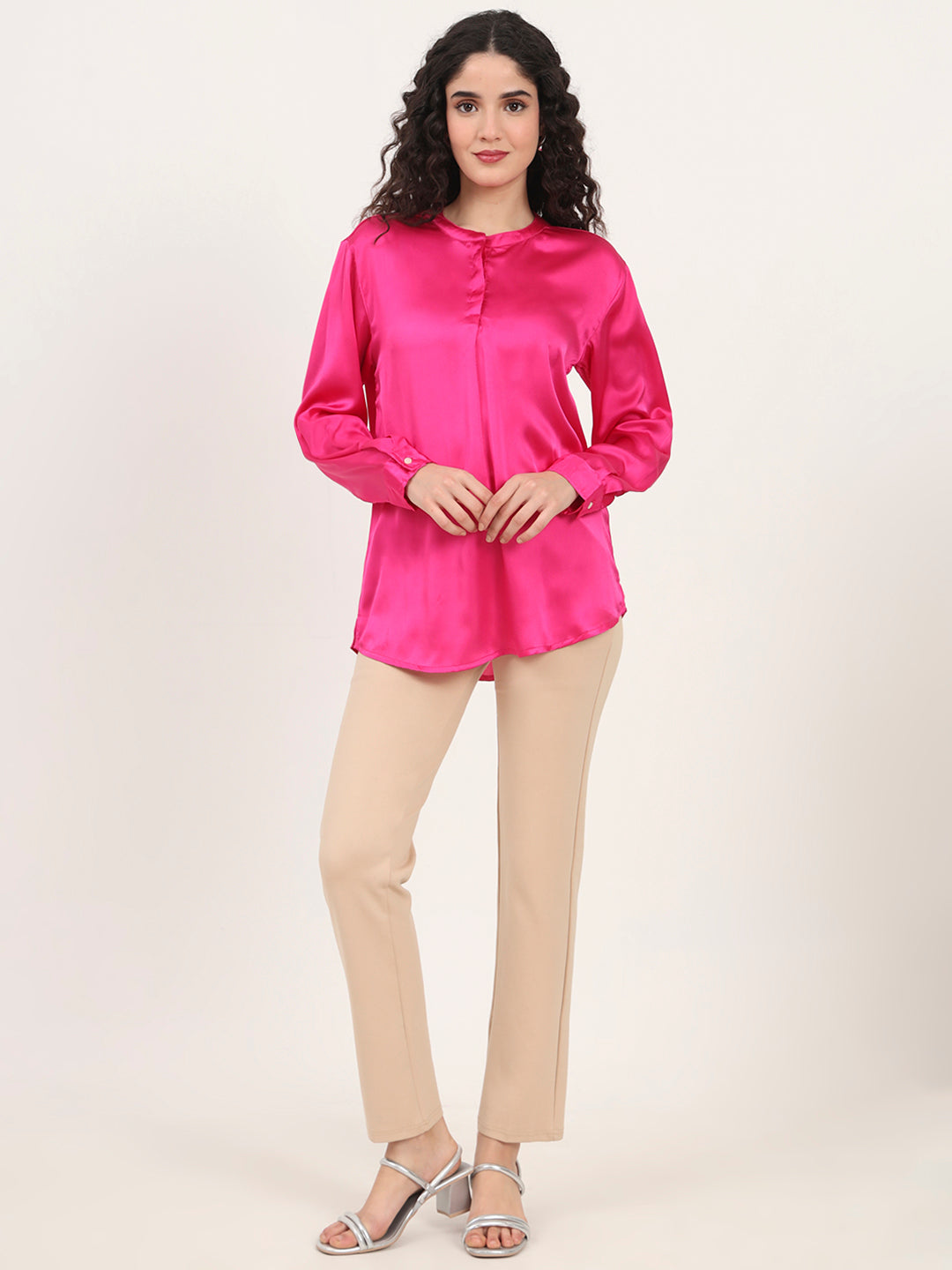 Summer Satin Magenta Front Pleated Tunic
