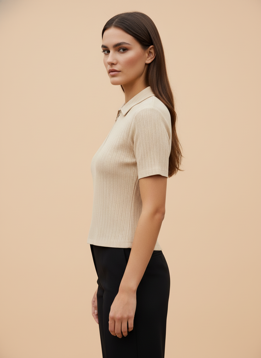 Women’s Beige Ribbed Knit Half-Zip Polo T-Shirt