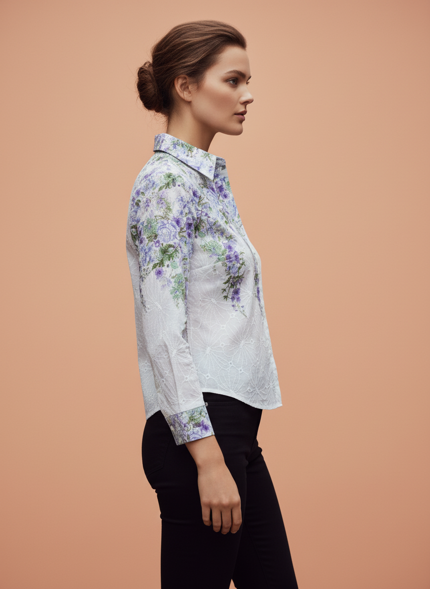 White Purple Floral Embroidered Shirt for Women