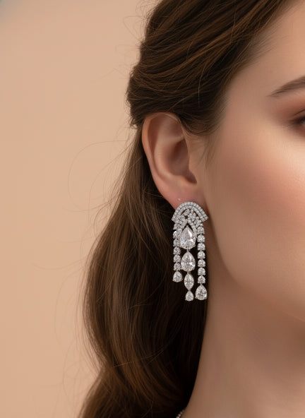 White Cubic Zirconia Double Layer Necklace & Earrings Set for Women