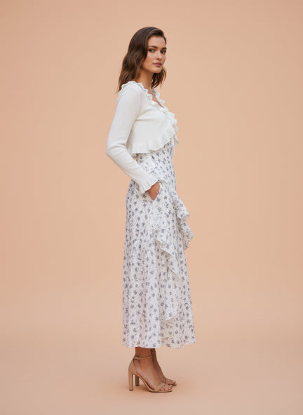 Elegant White Floral Midi Dress with Layered Design & Light Shrug