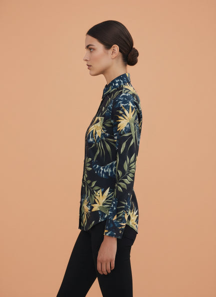 Women'S Premium Rayon Shirt With Jungle Print In Full Sleeve And Black Color