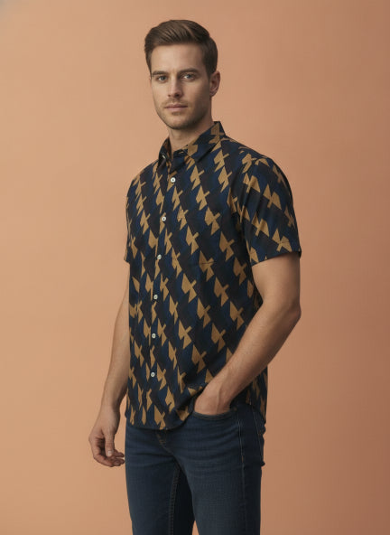 Navy Geometric Print Premium Cotton Shirt
