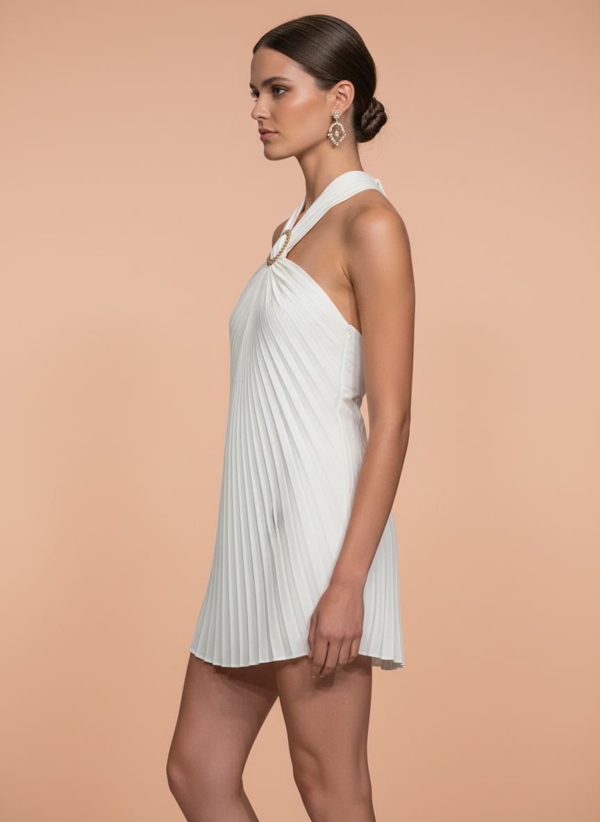 White Pleated Halter Neck Mini Dress with Rhinestone Buckle