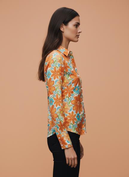 Satin Digital Print Puff Sleeve Shirt